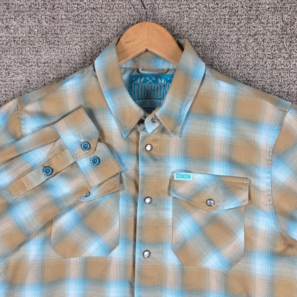 Dixxon Flannel Co Pale Ale Mens Medium Tan Blue Plaid Long Sleeve Snap Shirt
